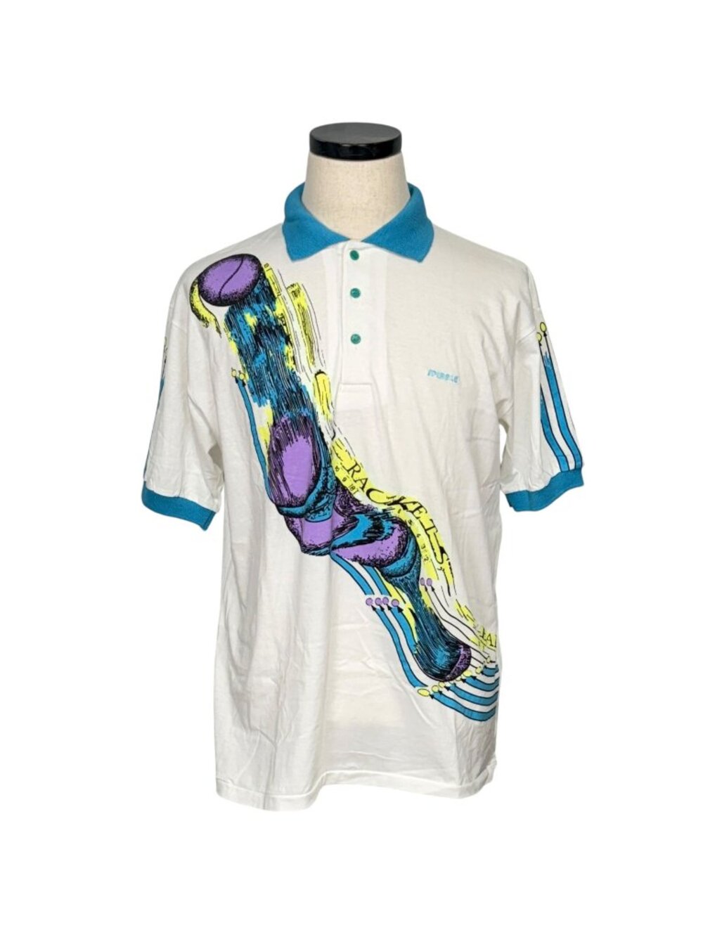 Vintage Spirale 90s XL Polo Shirt With Graphic Tennis Racket Design White & Blue